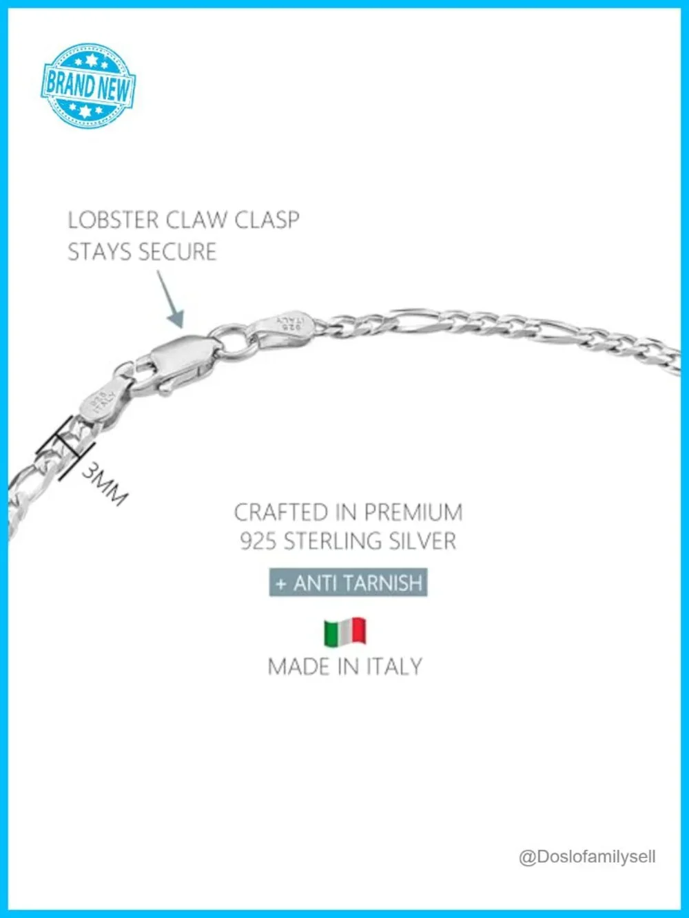 Solid 925 Sterling Silver Ankle Bracelet, Made in Italy, Waterproof